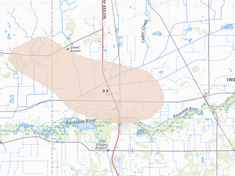 Radar-estimated hail-size map of the storm over Lowell, IN on Aug 12, 2026