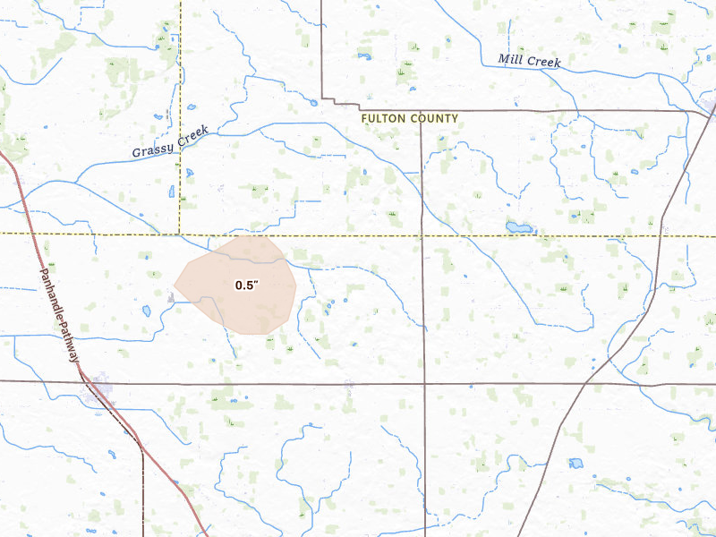 Radar-estimated hail-size map of the storm over Lucerne, IN on Jul 20, 2026
