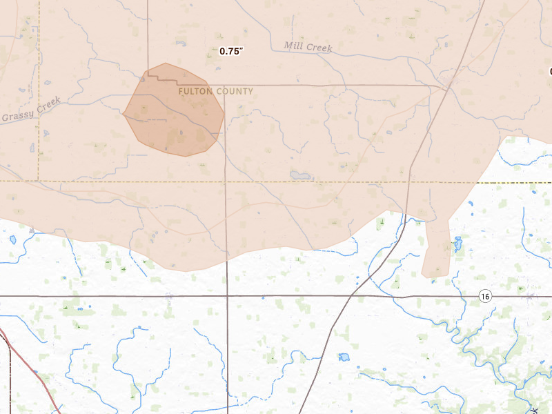 Radar-estimated hail-size map of the storm over Lucerne, IN on Aug 10, 2026