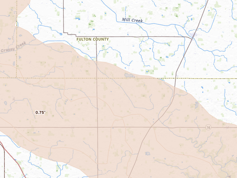 Radar-estimated hail-size map of the storm over Lucerne, IN on Aug 11, 2026