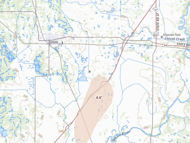 Radar-estimated hail-size map of the storm over Lyons, IN on Apr 27, 2026