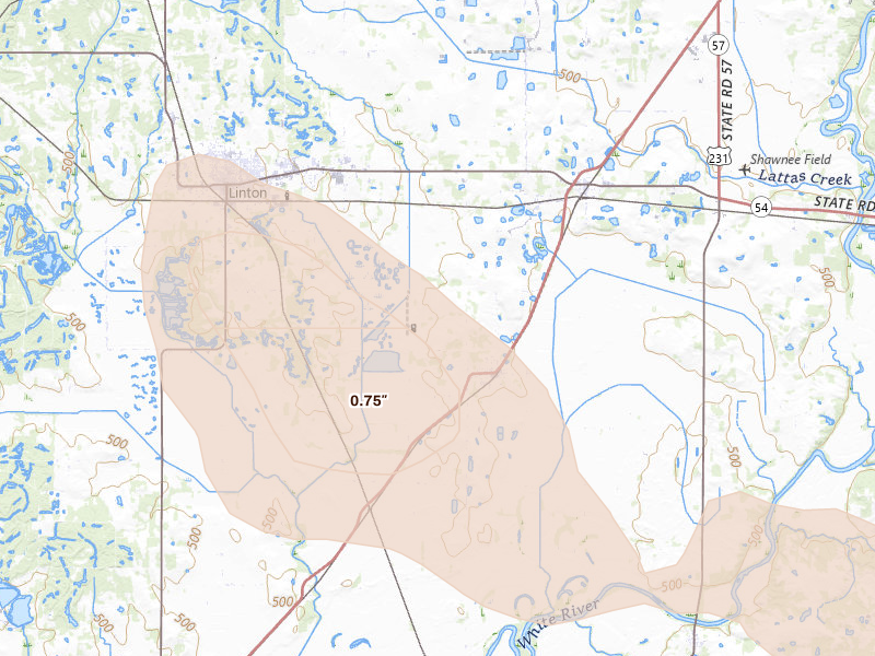 Radar-estimated hail-size map of the storm over Lyons, IN on Jun 9, 2026
