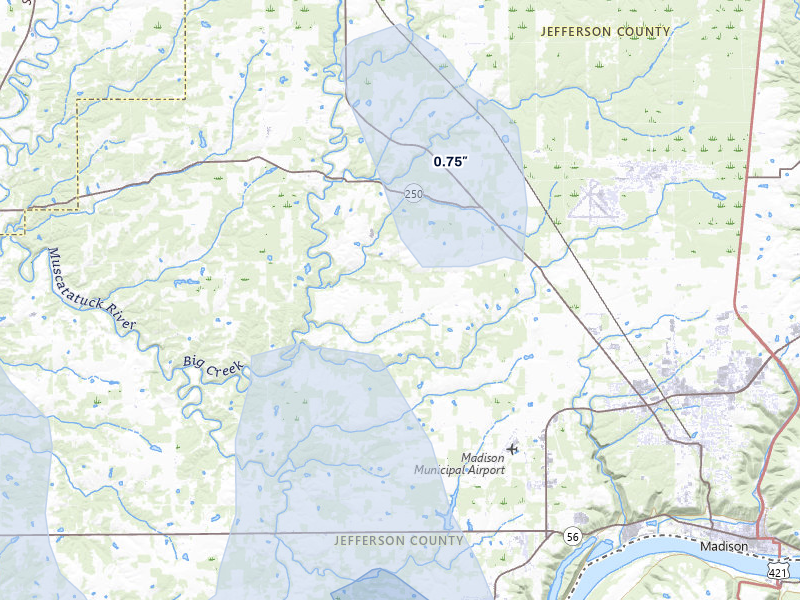 NEXRAD radar-signature map of the hail over Madison, IN
