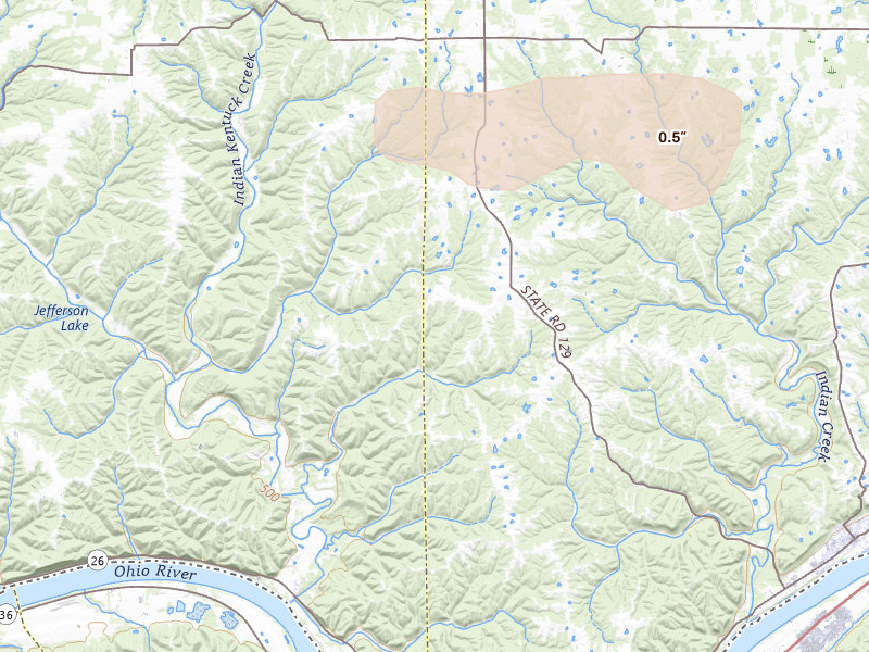 Radar-estimated hail-size map of the storm over Madison, IN on May 16, 2026