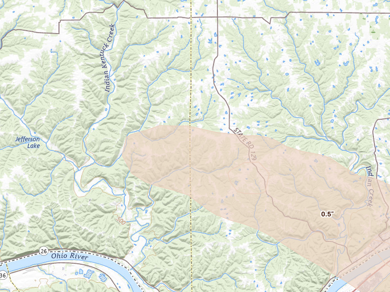Radar-estimated hail-size map of the storm over Madison, IN on Jul 21, 2026