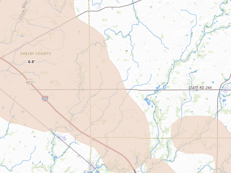 Radar-estimated hail-size map of the storm over Manilla, IN on Aug 11, 2026