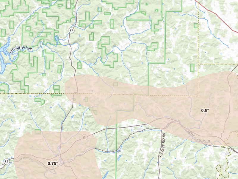 Radar-estimated hail-size map of the storm over Marengo, IN on Aug 11, 2026