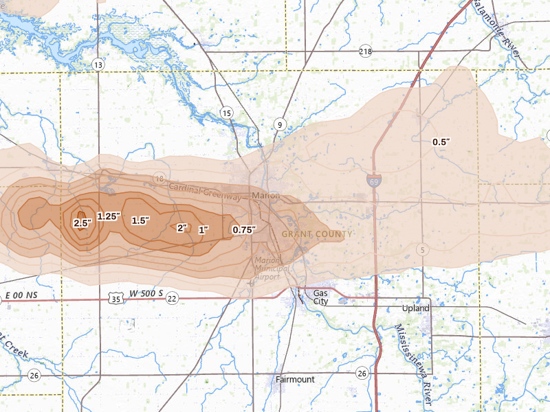 Radar-estimated hail-size map of the storm over Marion, IN