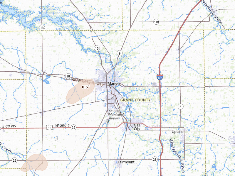Radar-estimated hail-size map of the storm over Marion, IN on May 19, 2026
