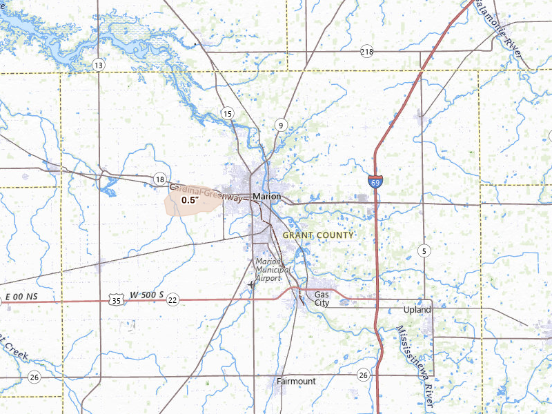 Radar-estimated hail-size map of the storm over Marion, IN on Jun 6, 2026