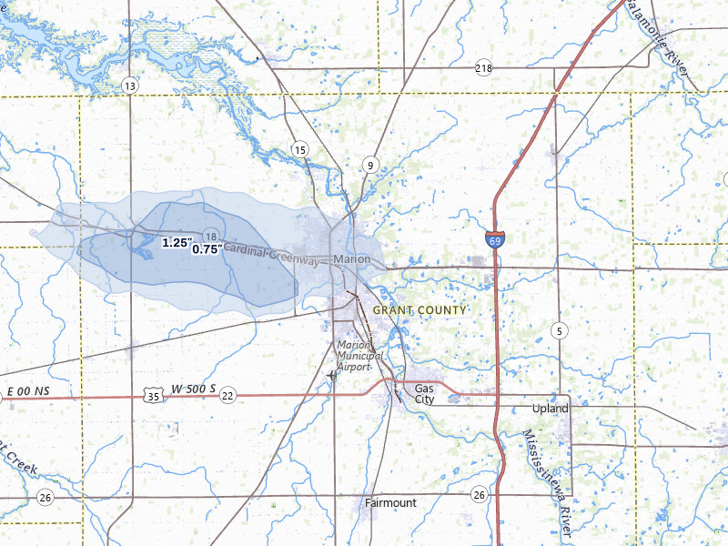 NEXRAD radar-signature map of the hail storm over Marion, IN on Jun 6, 2026
