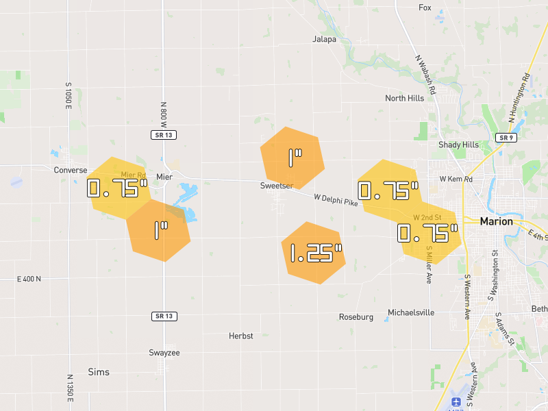 Hail map of Marion, IN on Jun 6, 2026, hail up to 1.25"