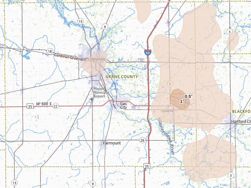 Radar-estimated hail-size map of the storm over Marion, IN on Aug 10, 2026