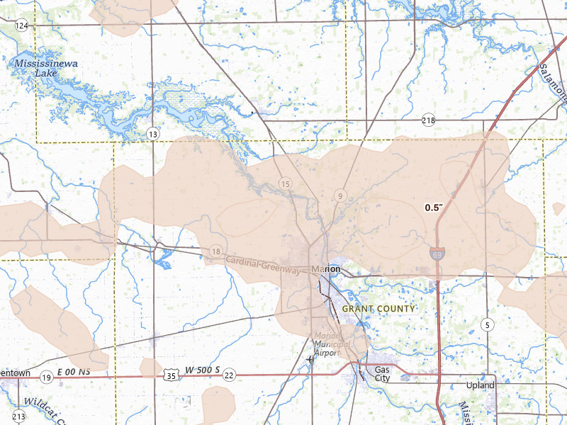 Radar-estimated hail-size map of the storm over Marion, IN on Aug 11, 2026