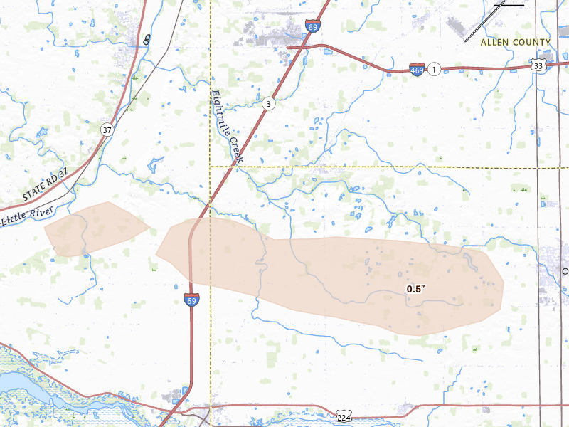 Radar-estimated hail-size map of the storm over Markle, IN on Feb 19, 2026