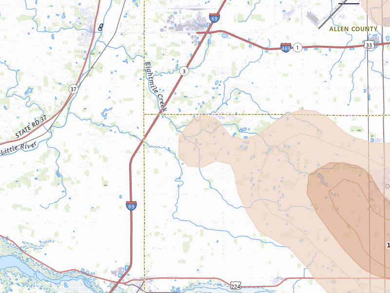 Radar-estimated hail-size map of the storm over Markle, IN on Aug 9, 2026
