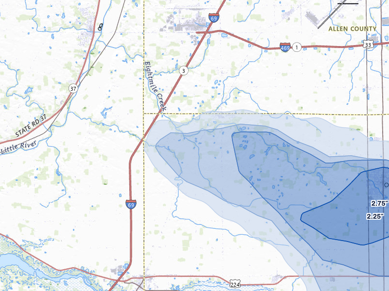 NEXRAD radar-signature map of the hail storm over Markle, IN on Aug 9, 2026