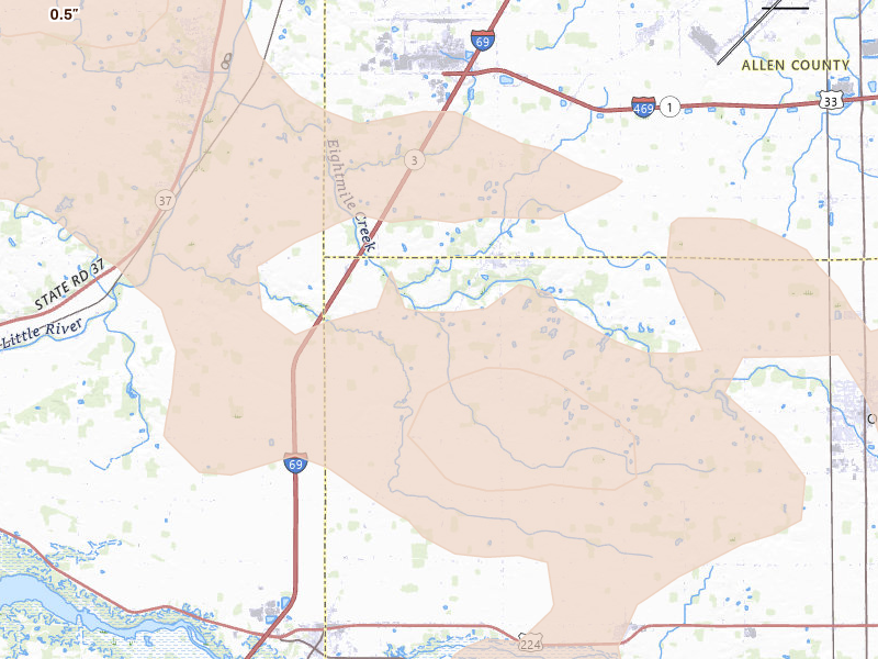 Radar-estimated hail-size map of the storm over Markle, IN on Aug 10, 2026