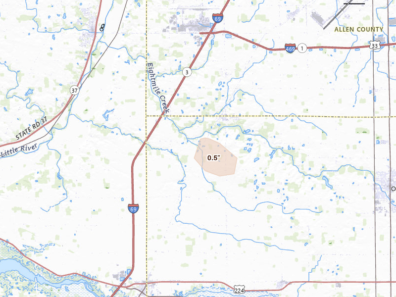 Radar-estimated hail-size map of the storm over Markle, IN on Aug 11, 2026