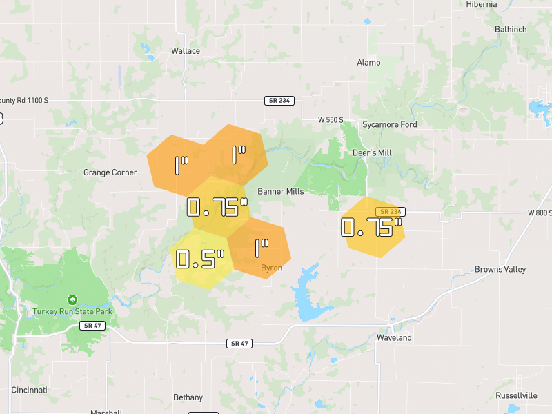 Hail map of Marshall, IN on Jul 4, 2026, hail up to 1"