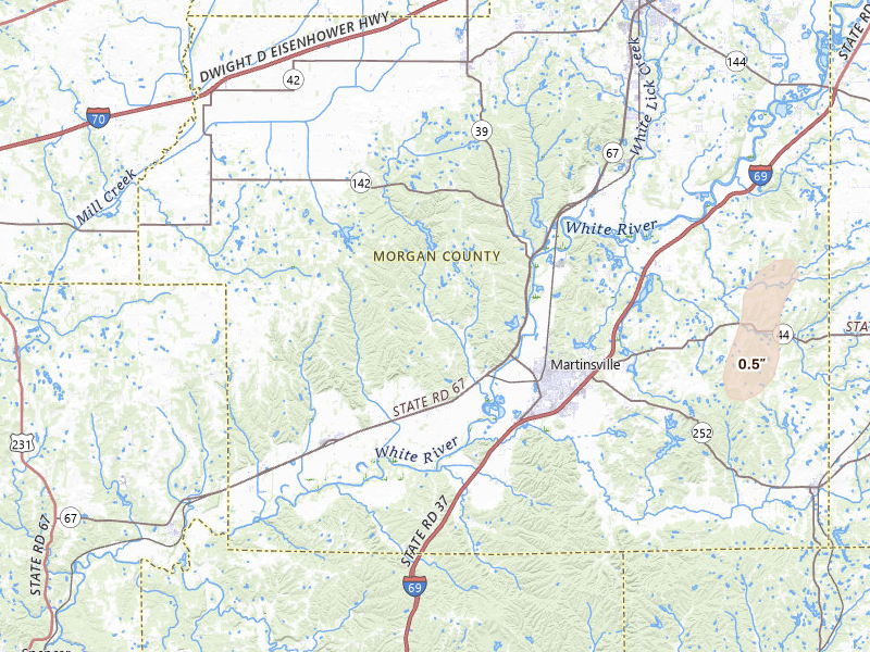 Radar-estimated hail-size map of the storm over Martinsville, IN on Jul 3, 2026