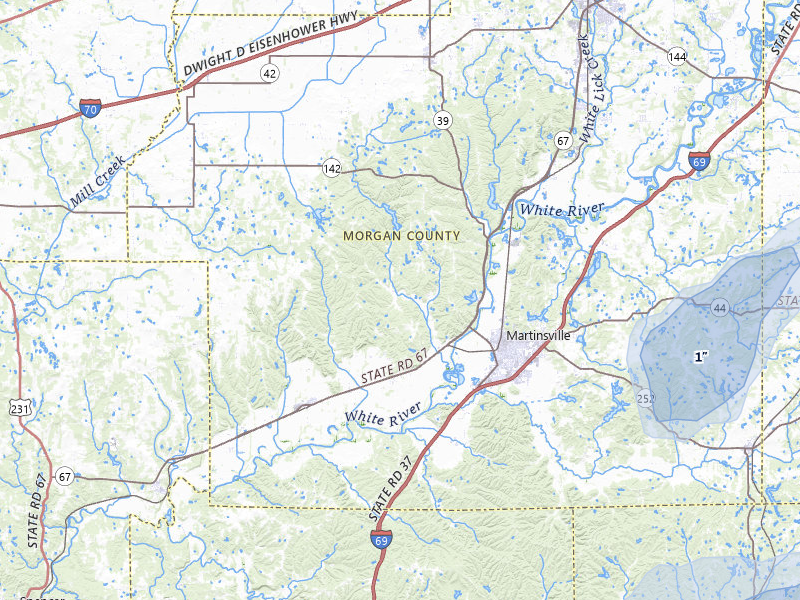 NEXRAD radar-signature map of the hail storm over Martinsville, IN on Jul 3, 2026