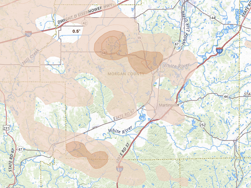 Radar-estimated hail-size map of the storm over Martinsville, IN on Aug 11, 2026