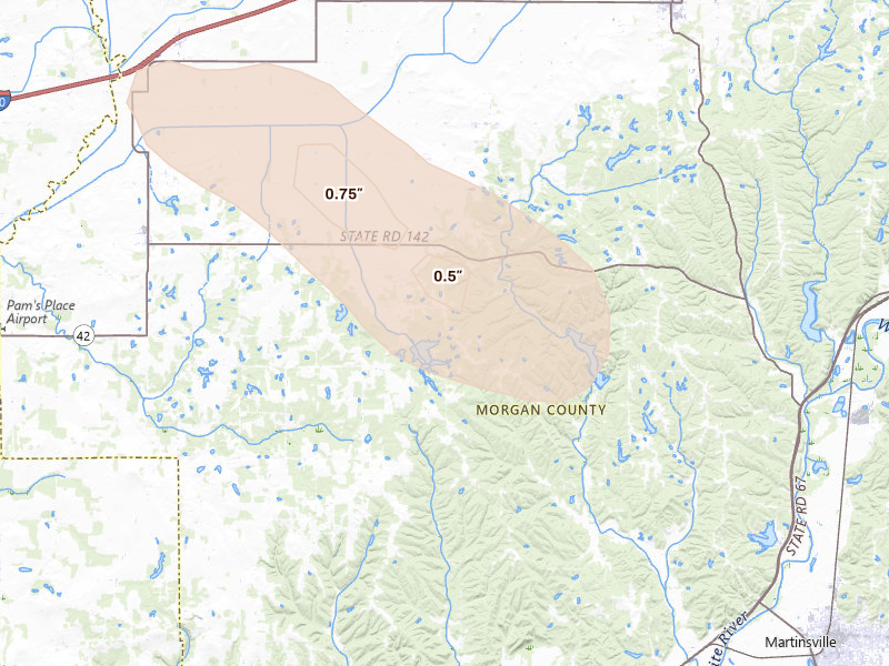 Radar-estimated hail-size map of the storm over Martinsville, IN on Aug 26, 2026
