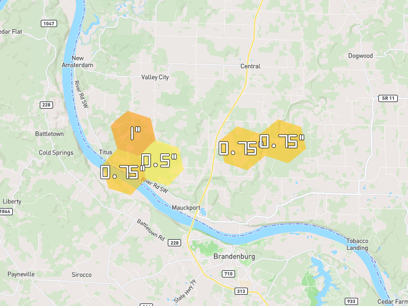 Hail map of Mauckport, IN on Jul 21, 2026, hail up to 1"