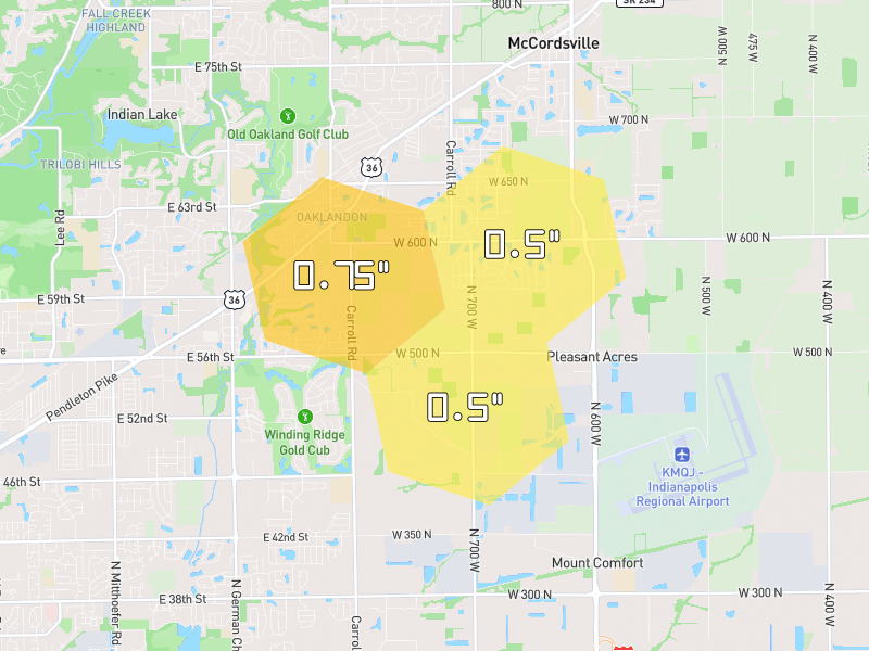 Hail map of McCordsville, IN on Jun 7, 2026, hail up to 0.75"