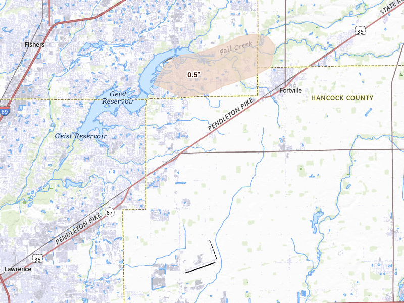 Radar-estimated hail-size map of the storm over Mccordsville, IN on Aug 7, 2026