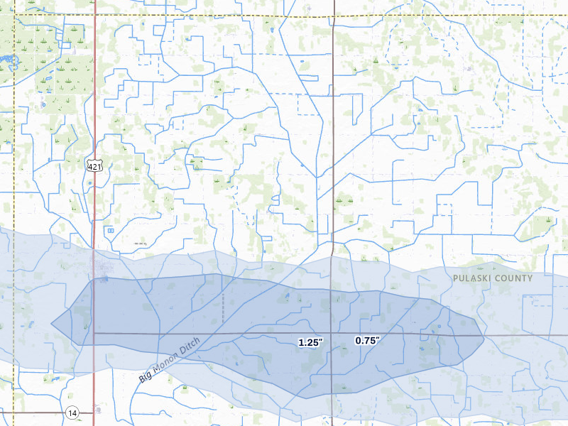NEXRAD radar-signature map of the hail over Medaryville, IN