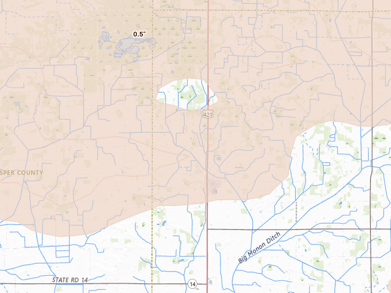 Radar-estimated hail-size map of the storm over Medaryville, IN on Aug 10, 2026