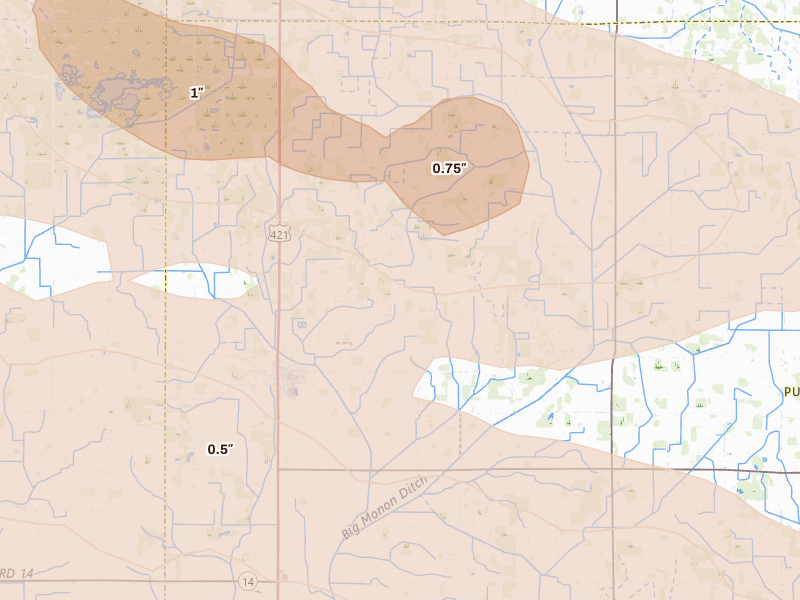 Radar-estimated hail-size map of the storm over Medaryville, IN on Aug 11, 2026