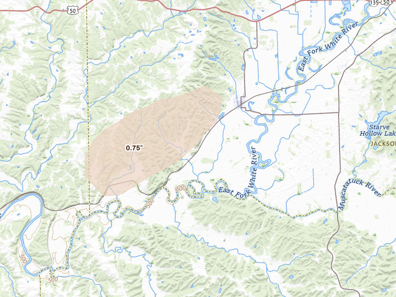 Radar-estimated hail-size map of the storm over Medora, IN on May 19, 2026