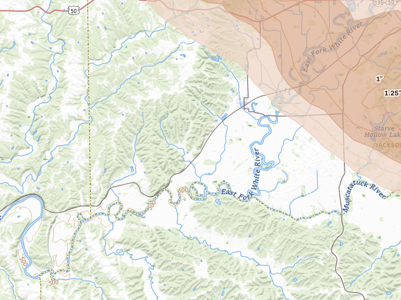 Radar-estimated hail-size map of the storm over Medora, IN on Jul 21, 2026