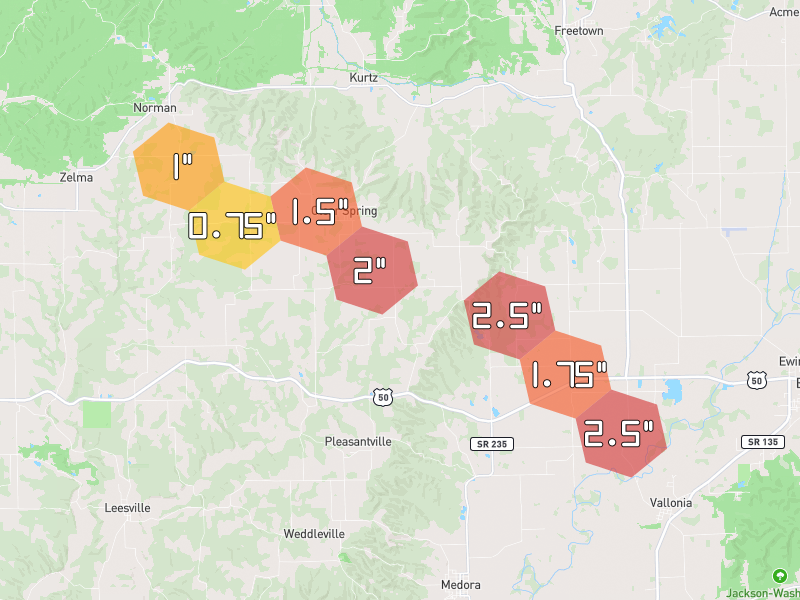 Hail map of Medora, IN on Jul 21, 2026, hail up to 2.5"