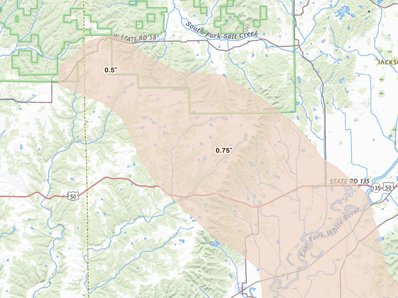 Radar-estimated hail-size map of the storm over Medora, IN on Aug 26, 2026