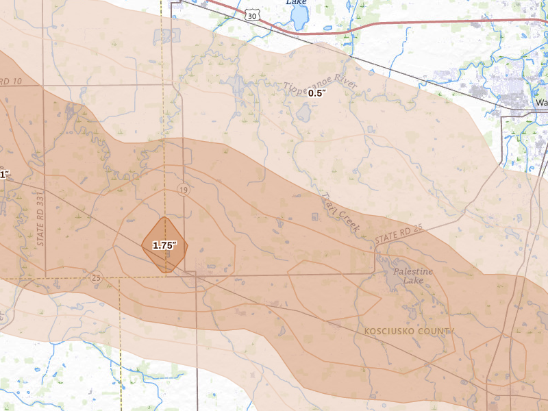 Radar-estimated hail-size map of the storm over Mentone, IN on Mar 31, 2026