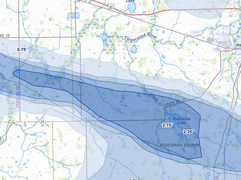 NEXRAD radar-signature map of the hail over Mentone, IN
