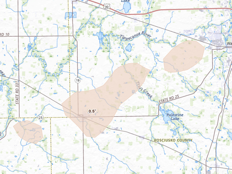 Radar-estimated hail-size map of the storm over Mentone, IN