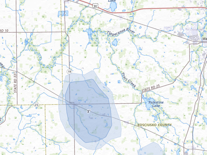 NEXRAD radar-signature map of the hail storm over Mentone, IN on Jul 20, 2026