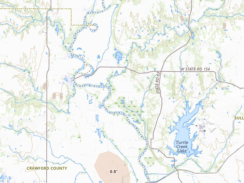Radar-estimated hail-size map of the storm over Merom, IN on Jul 26, 2026