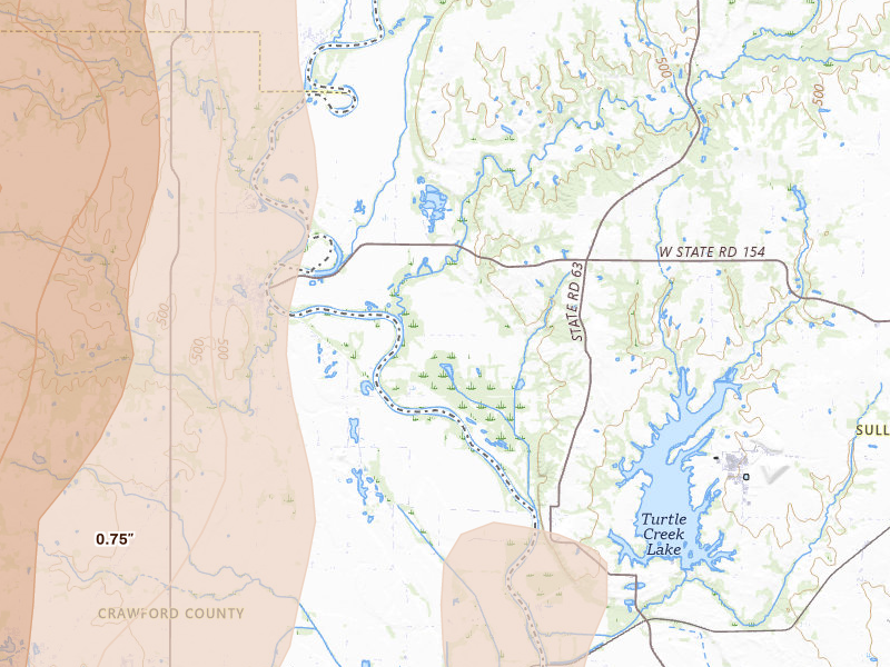 Radar-estimated hail-size map of the storm over Merom, IN on Jul 27, 2026