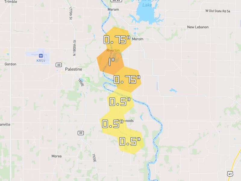 Hail map of Merom, IN on Jul 28, 2026, hail up to 1"
