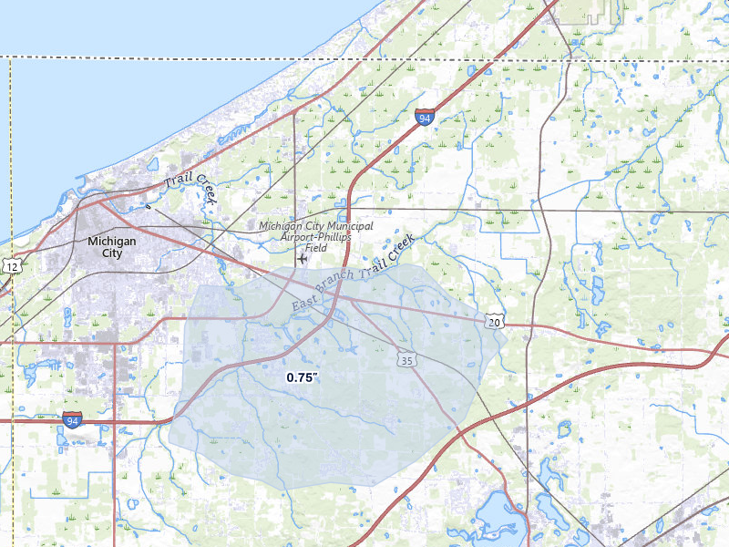 NEXRAD radar-signature map of the hail over Michigan City, IN