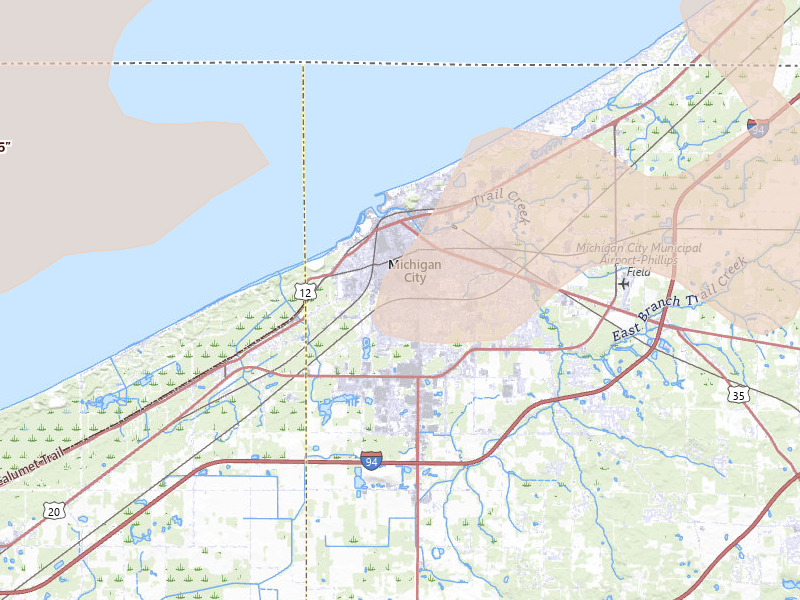 Radar-estimated hail-size map of the storm over Michigan City, IN on Aug 9, 2026