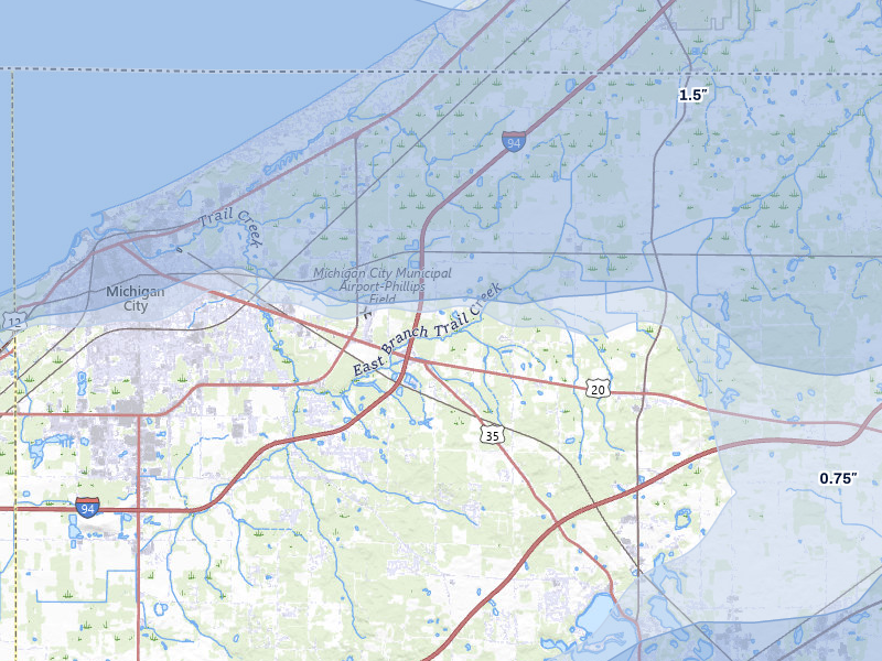 NEXRAD radar-signature map of the hail storm over Michigan City, IN on Aug 9, 2026