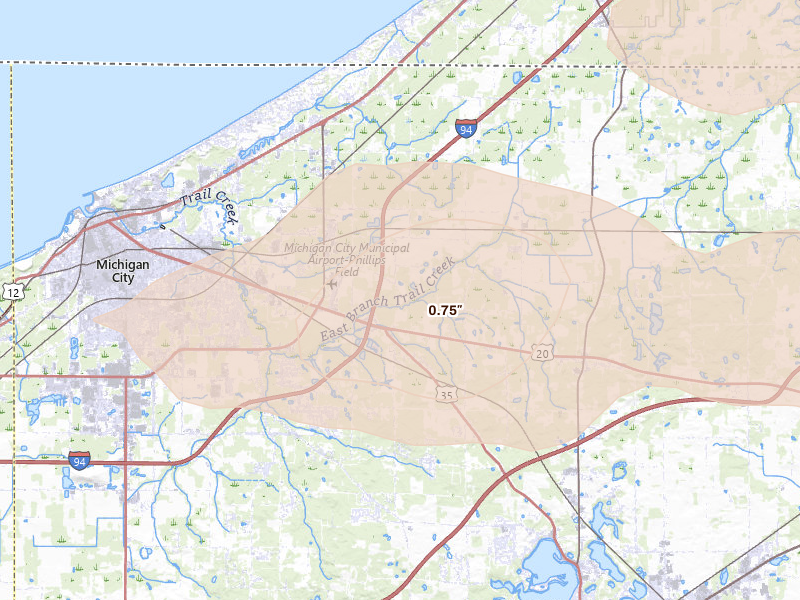 Radar-estimated hail-size map of the storm over Michigan City, IN on Aug 10, 2026