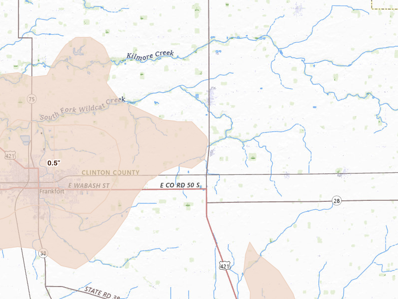 Radar-estimated hail-size map of the storm over Michigantown, IN on Aug 11, 2026
